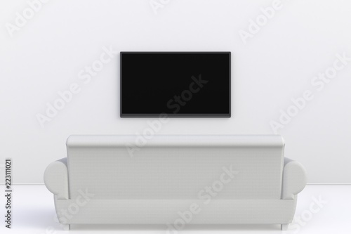 Interior of empty room with TV and sofa, Living room led tv on white wall modern style, 3d rendering