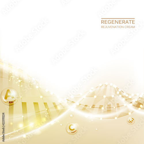 Concept Skin Care Cosmetic. Regenerate cream and Vitamin Background. Sepia banner with a DNA molecule of polygons. Vector illustration.