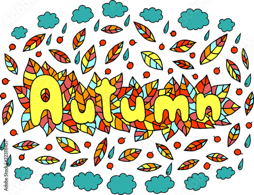 Mandala and Autumn word. Doodle lettering colorful artwork. Vector illustration