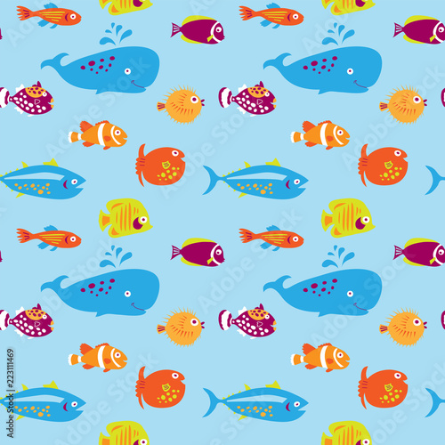 Seamless pattern with cute fishes on a blue background © bulycheva_art