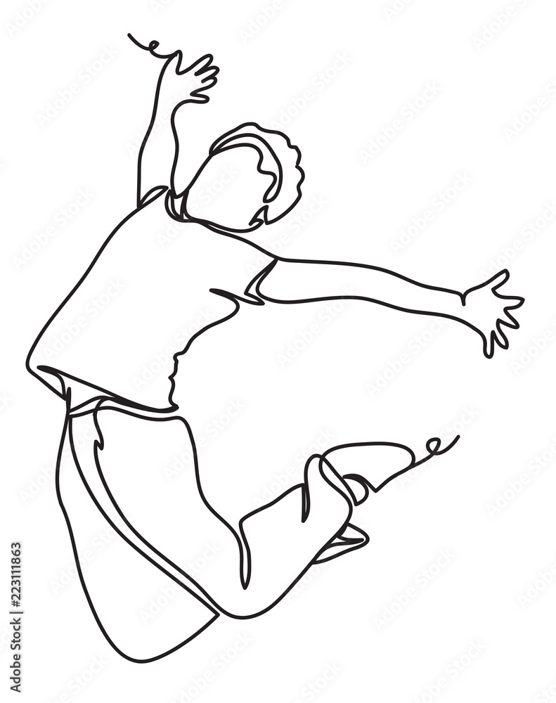 happy man jumping isolated on white. continuous line drawing. Vector illustration. Isolated