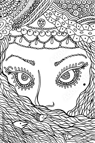 Muslim woman - coloring page for adults. Doodle ink graphic lineout artwork. Vector illustration