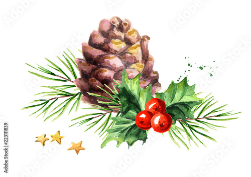 Christmas and New Year symbol decorative Holly berry with cone and branch composition. Watercolor hand drawn illustration, isolated on white background