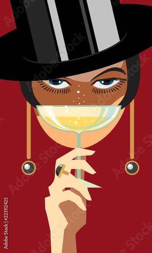 Drinking wine / Woman with a glass of wine. Creative conceptual vector.