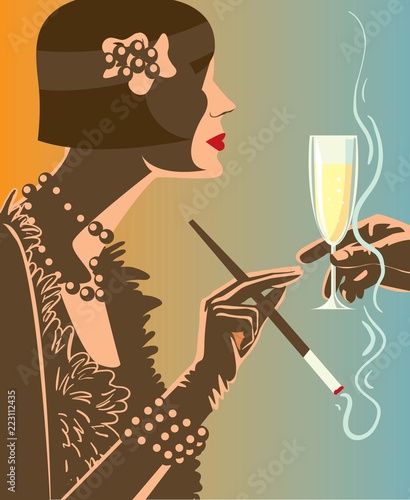 Drinking champagne / Woman a glass of champagne. Creative conceptual vector.