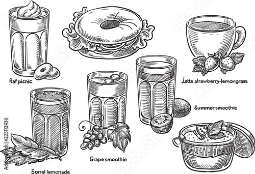 Beverages / Sketch hand drawn beverages illustration, engraving, ink, line art. Creative conceptual vector.