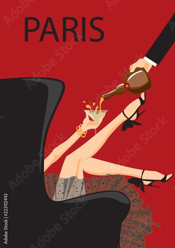 Drinking champagne / Woman a glass of champagne. Creative conceptual vector.