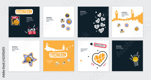 Set of vector sketch illustrations, designs for basketball. Hand drawing, lettering, sport grunge background for text, cool dude, ball in the shape of heart, typography.
