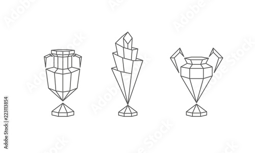 Polygonal Winner Cups Set. Abstract Linear Grid Sports Trophy.
