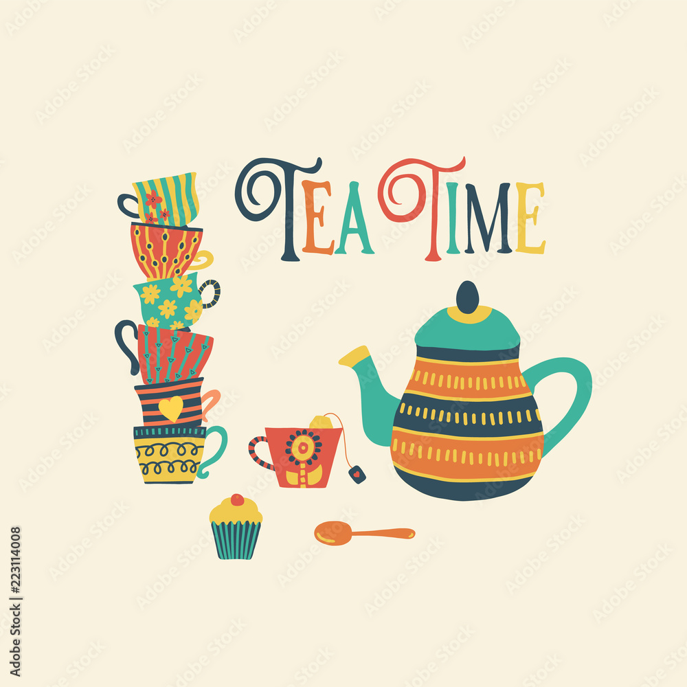 Tea time hand drawn vector illustration with stacked colorful tea cups