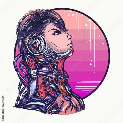 Robot man in headphones listening to music t-shirt design. Cyberpunk art. Portrait of biomechanical soldier, people of future
