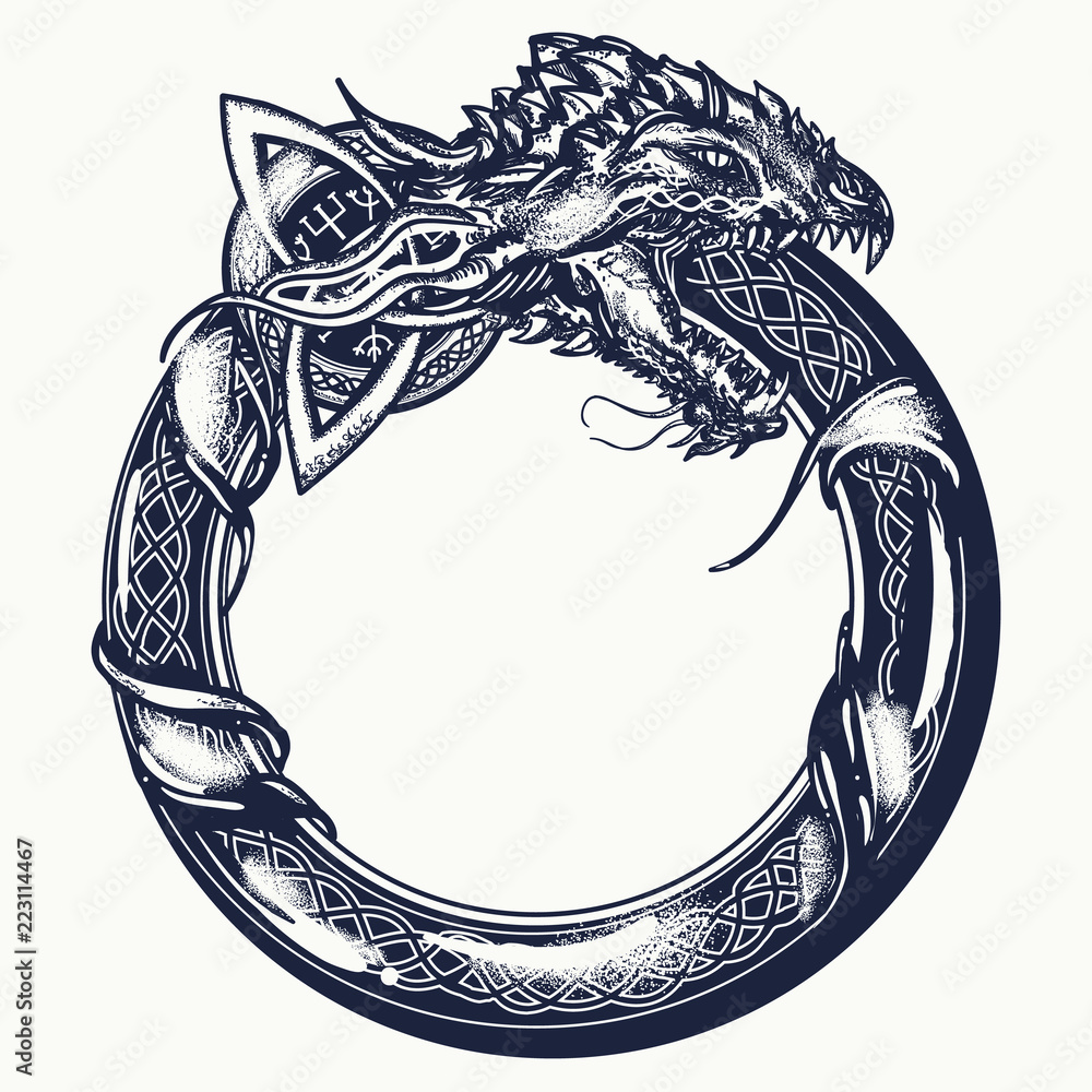 Ouroboros Tattoo. Celtic Dragon Eating Its Own Tail. Medieval Symbol Of  Eternity And Infinity, Life And Death, Beginning And End, Magic, T-Shirt  Design เวกเตอร์สต็อก | Adobe Stock