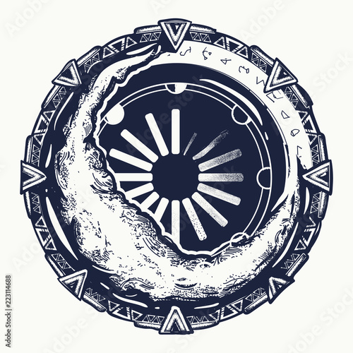 Moon and star gate tattoo. Symbol of occultism, astrology, magic, imagination, t-shirt design art