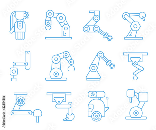 robot arm icons, blue line icons