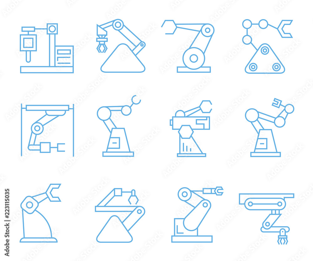robot arm icons, blue line icons robot arm icons, blue line icons