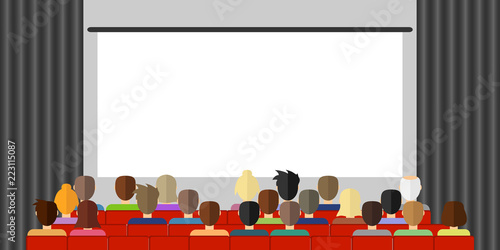 The audience is watching a movie in the cinema. The audience is sitting in the cinema and watching the movie. Flat design, vector illustration, vector.