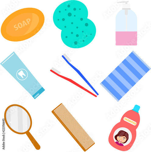 Bathroom accessories. Accessories for washing in the bathroom. Washcloth, comb, toothbrush, shampoo. Flat design, vector illustration, vector.