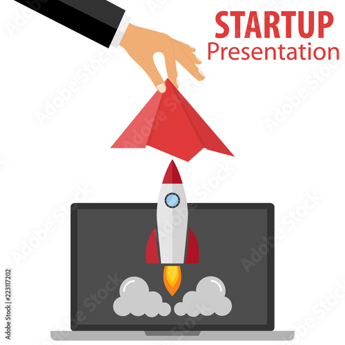 Startup, startup presentation. The man opens the curtain over the departing rocket from the laptop. Flat design, vector illustration, vector.