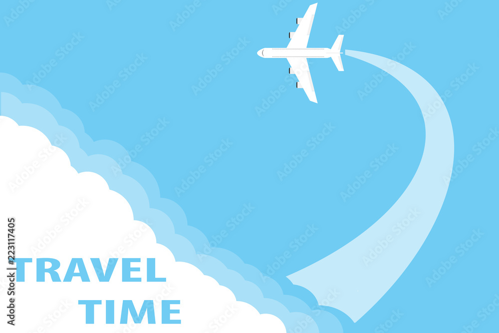 The concept of traveling by plane. Flying plane from the clouds against the blue sky. Flat design, vector illustration, vector.
