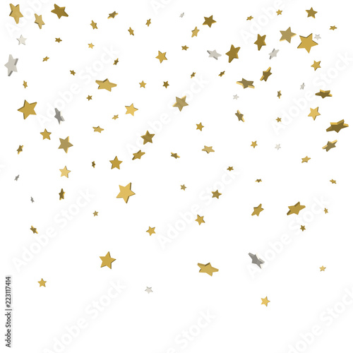 Holiday starry background. Gold stars. Confetti celebration, Falling golden abstract decoration for party, birthday celebrate, anniversary or event, festive. Festival decor. Vector illustration.