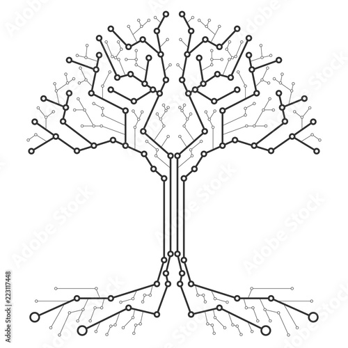 Technological tree in the form of a printed circuit board. Black and white wood in the form of connections of the technological board. Flat design, vector illustration, vector.