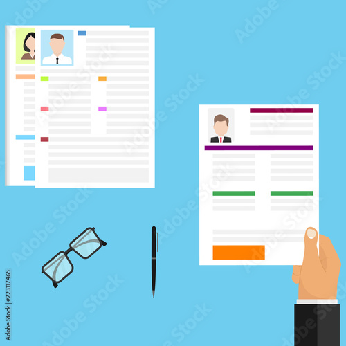 The choice of the resume, the businessman chooses the personnel. Choosing the right candidate for work. Flat design, vector illustration, vector.