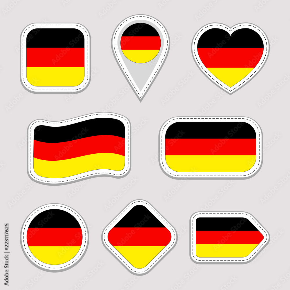 Germany flag vector set. German flags stickers collection. Isolated  geometric icons. National symbols badges. Web, sport page, patriotic,  travel, school, design elements. Different shapes Stock Vector