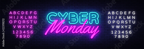 Cyber Monday concept banner in fashionable neon style, luminous signboard, nightly advertising of sales rebates of cyber Monday. Vector illustration for your projects. Editing text neon sign