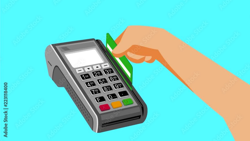 2d Animation motion graphics showing a hand swiping a credit card on point of sale POS terminal on white screen, green screen with alpha matte in HD high definition. 2d Animation motion graphics showing a hand swiping a credit card on point of sale POS terminal on white screen, green screen with alpha matte in HD high definition.