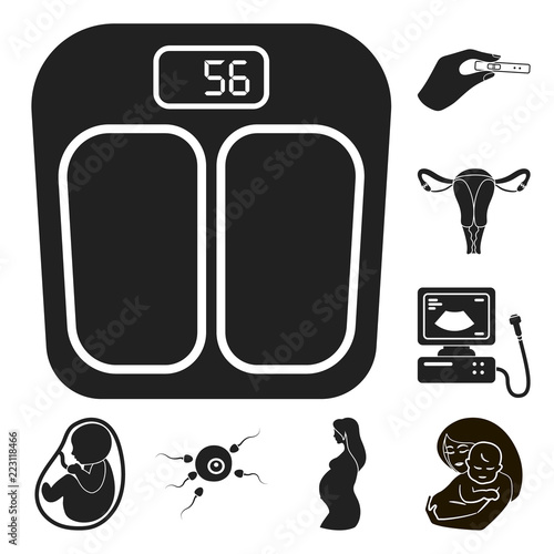 Woman and pregnancy black icons in set collection for design. Gynecology and equipment vector symbol stock web illustration.