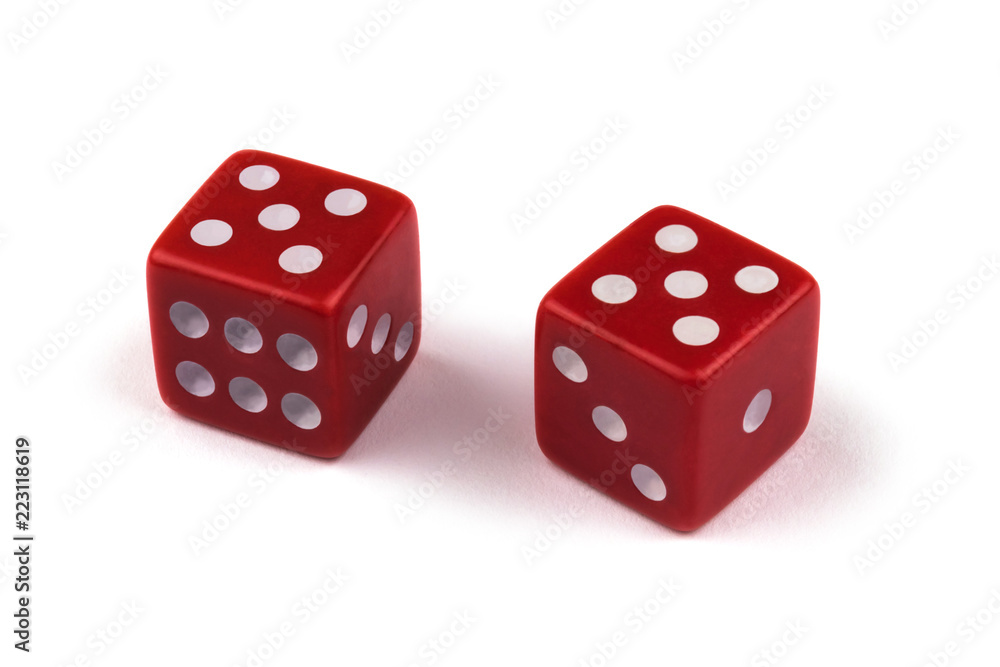 Two red dice closeup, isolated on white background, five and five Two red dice closeup, isolated on white background, five and five