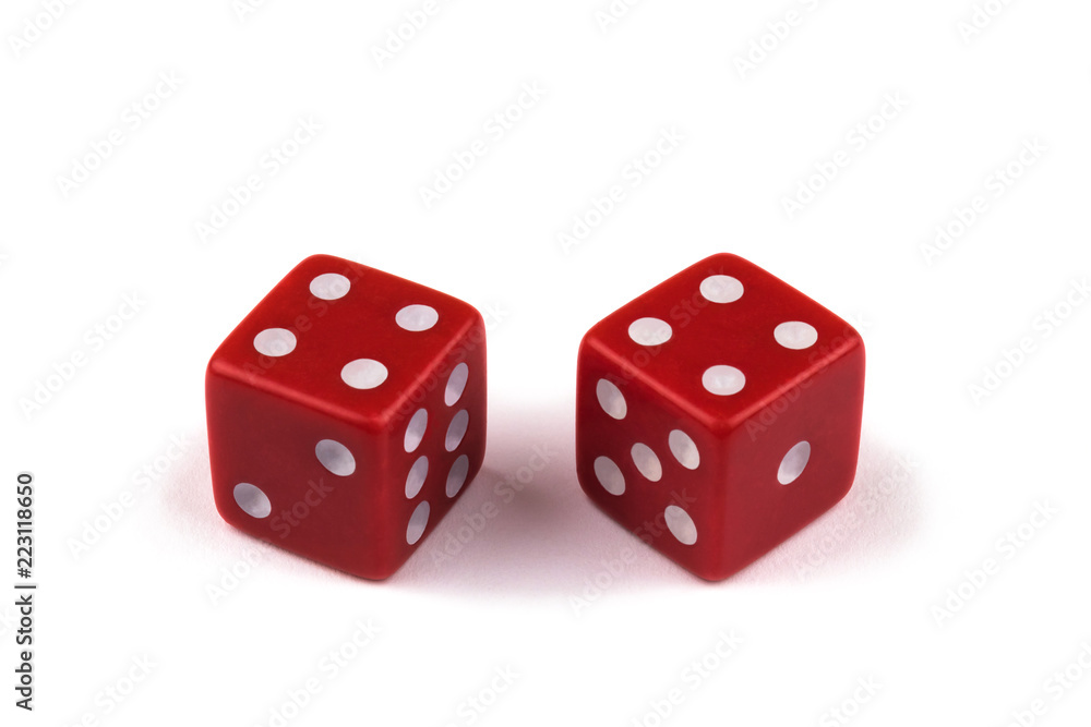 Two red dice closeup, isolated on white background, four and four Two red dice closeup, isolated on white background, four and four