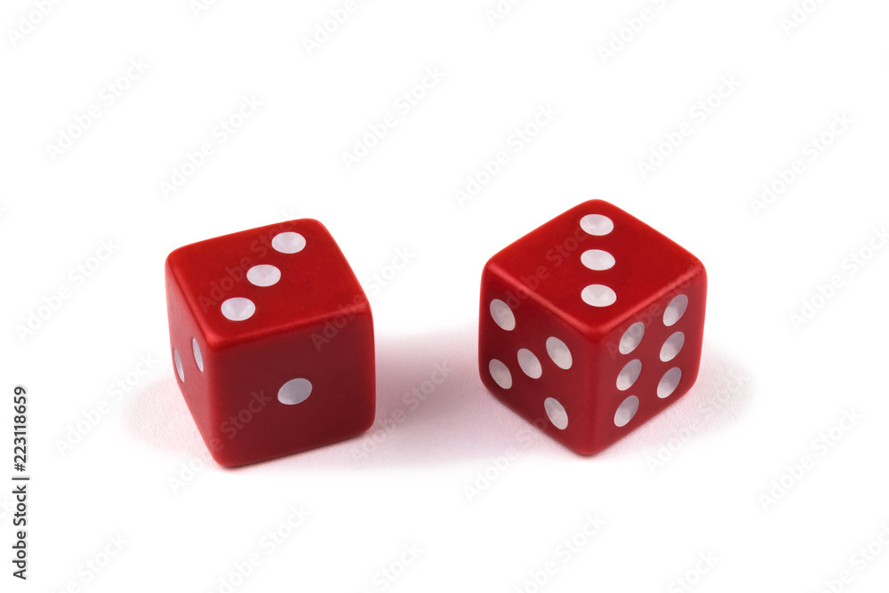 Two red dice closeup, isolated on white background, three and three Two red dice closeup, isolated on white background, three and three