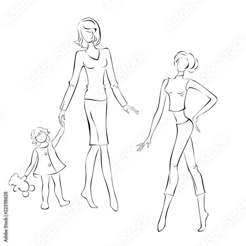 silhouettes of a young mother with her child and fashionable slender girl in black lines on a white background
