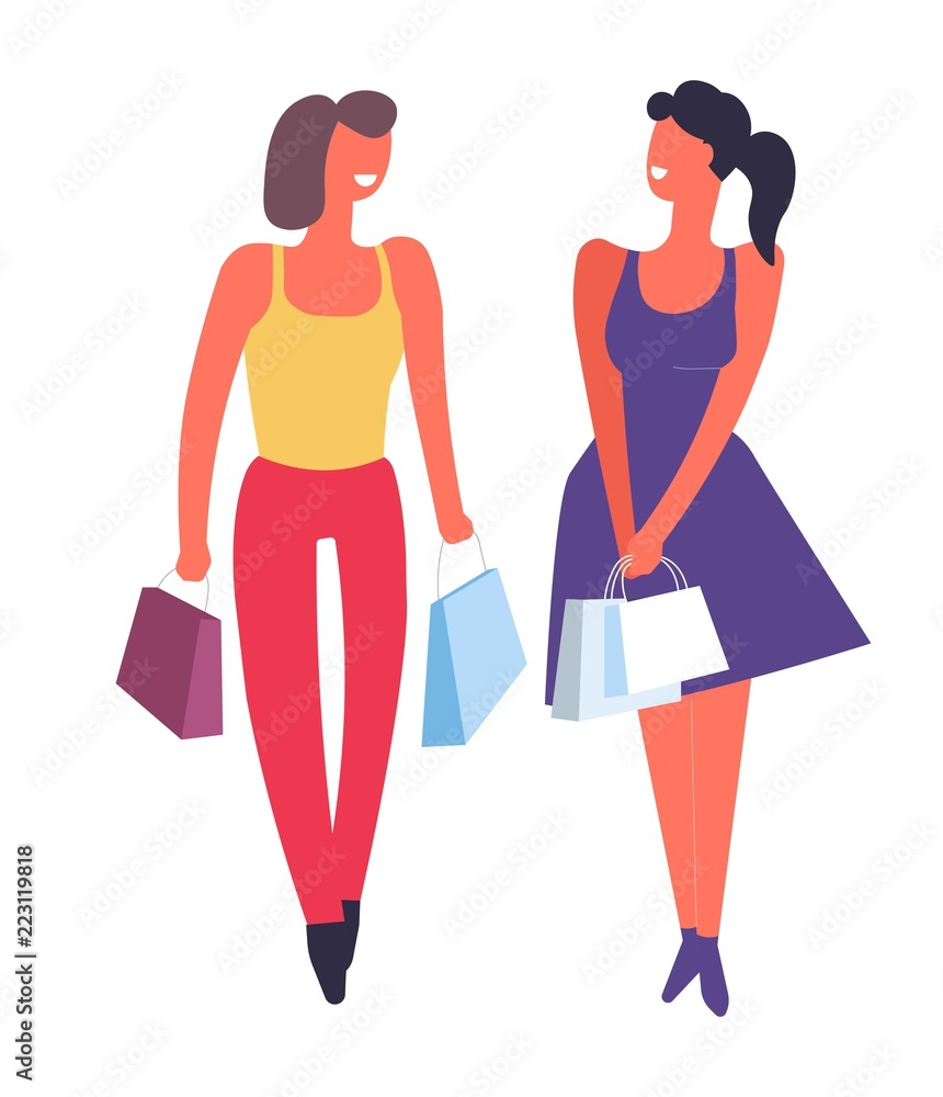 Female friends shopping together buying clothes isolated vector
