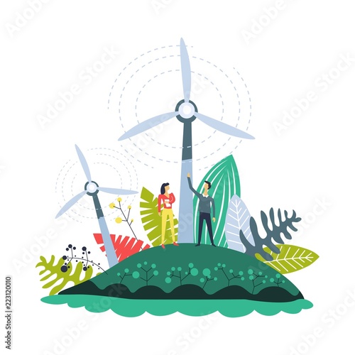 Wind energy plantations windmills and plants set vector
