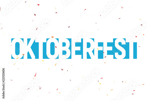 Oktoberfest festival label, blue text with confetti snow. Munich best beer fest banner and logo. Blue geometric lettering, negative space type design.