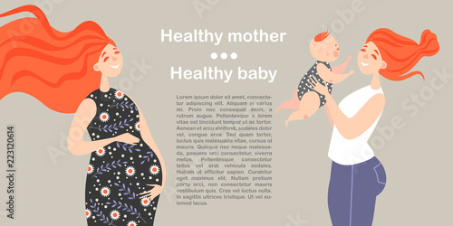 Vector illustration for an article about the health of a pregnant woman. A woman is waiting for the birth of the baby. Happy mom playing with baby