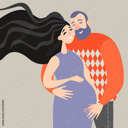 A nice couple is waiting for the birth of the baby. Pregnant woman with her husband. Vector illustration in cartoon style