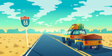 Vector desert landscape with jeep on asphalt way to canyon, wasteland. Route 66 with transport, baggage on trailer - tourist concept. Voyage background with clouds and road sign.