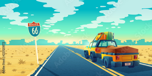 Vector desert landscape with jeep on asphalt way to canyon, wasteland. Route 66 with transport, baggage on trailer - tourist concept. Voyage background with clouds and road sign.