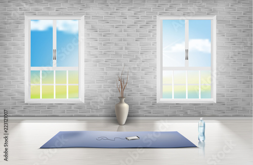 Vector mockup of empty room with brick wall, two windows, blue carpet, vase and bottle of water on wooden floor. Interior scene, studio for fitness or yoga trainings, template for your design