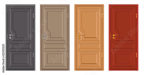 colored wooden doors isolated on white background, realistic wooden door, colour illustration of different door design, office interior or exterior element, room design, vector graphics to design