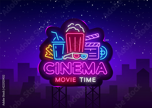Movie Time Neon Logo Vector. Cinema Night neon sign, design template, modern trend design, night neon signboard, night light advertising, light banner, light art. Vector illustration. Billboard
