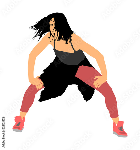 Modern style dancer girl vector illustration isolated on background. Woman ballet performer. Sexy hip hop lady.  Time out spectacle, cheerleader performer dance. Sport support event. Urban fashion. 