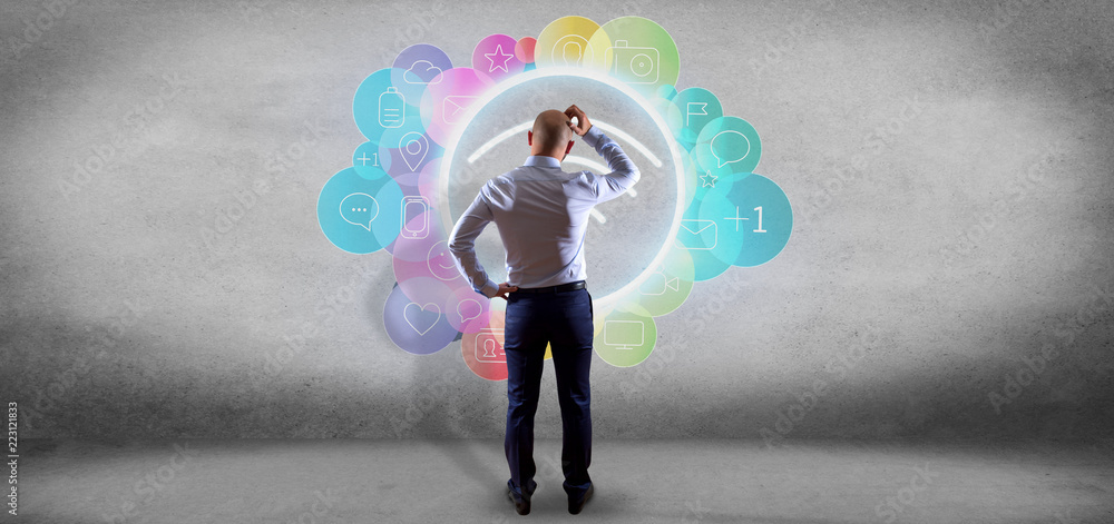 Businessman in front of a Wifi icon surrounding by colorfull social media icon 3d rendering Businessman in front of a Wifi icon surrounding by colorfull social media icon 3d rendering