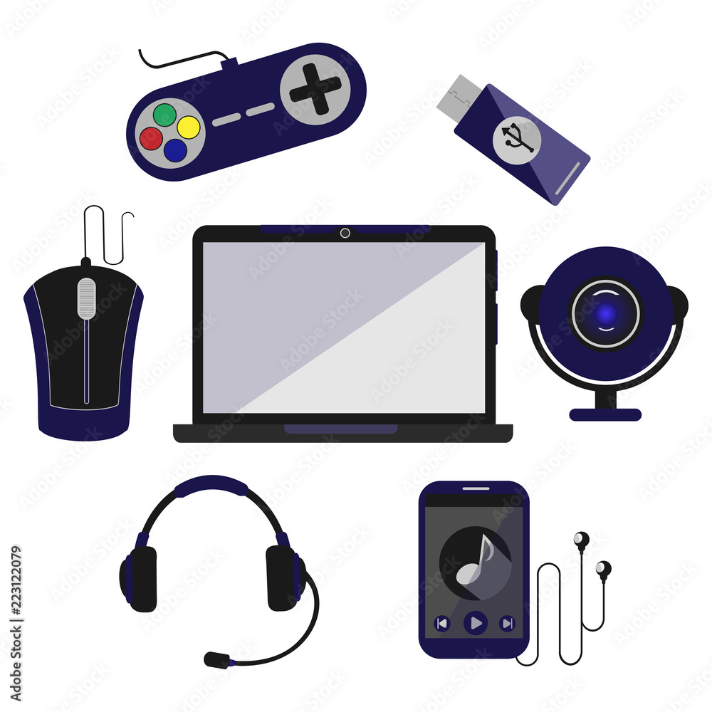 Vector Computer Accessories Computer accessories and peripheral black icons set isolated vector ...