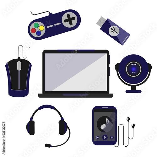 Computer accessories and peripheral black icons set isolated vector illustration
