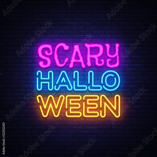 Scary Halloween neon text vector design template. Halloween neon logo, light banner design element colorful modern design trend, night bright advertising, bright sign. Vector illustration