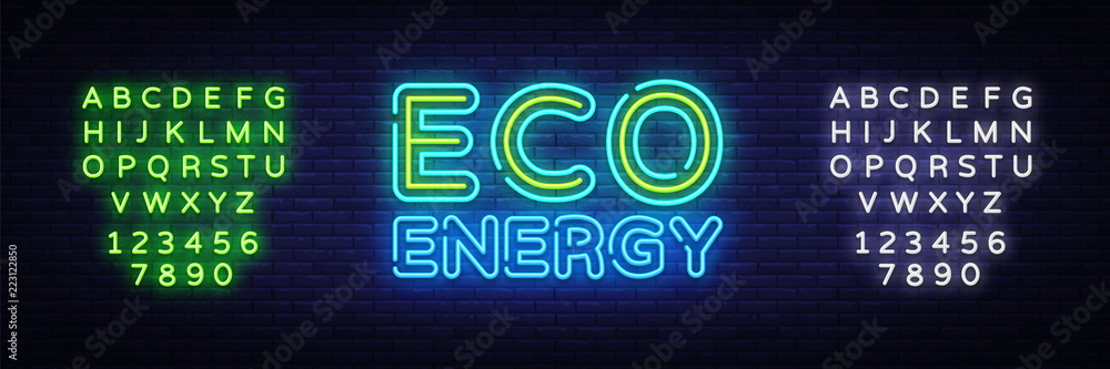 Eco Energy Neon Logo Vector. Green Energy neon sign, design template, modern trend design, night neon signboard, night bright advertising, light banner, light art. Vector. Editing text neon sign Eco Energy Neon Logo Vector. Green Energy neon sign, design template, modern trend design, night neon signboard, night bright advertising, light banner, light art. Vector. Editing text neon sign